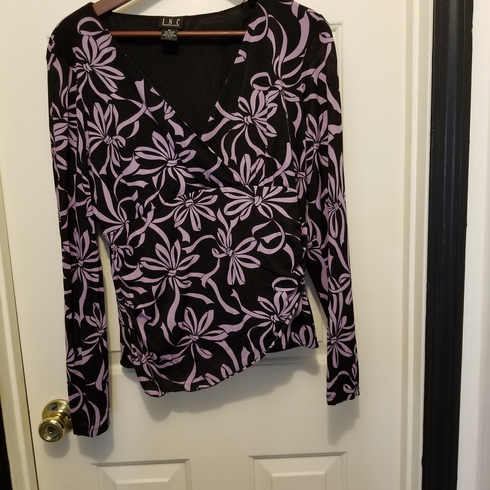 Disney FAUX WRAP Black and Purple Floral Blouse